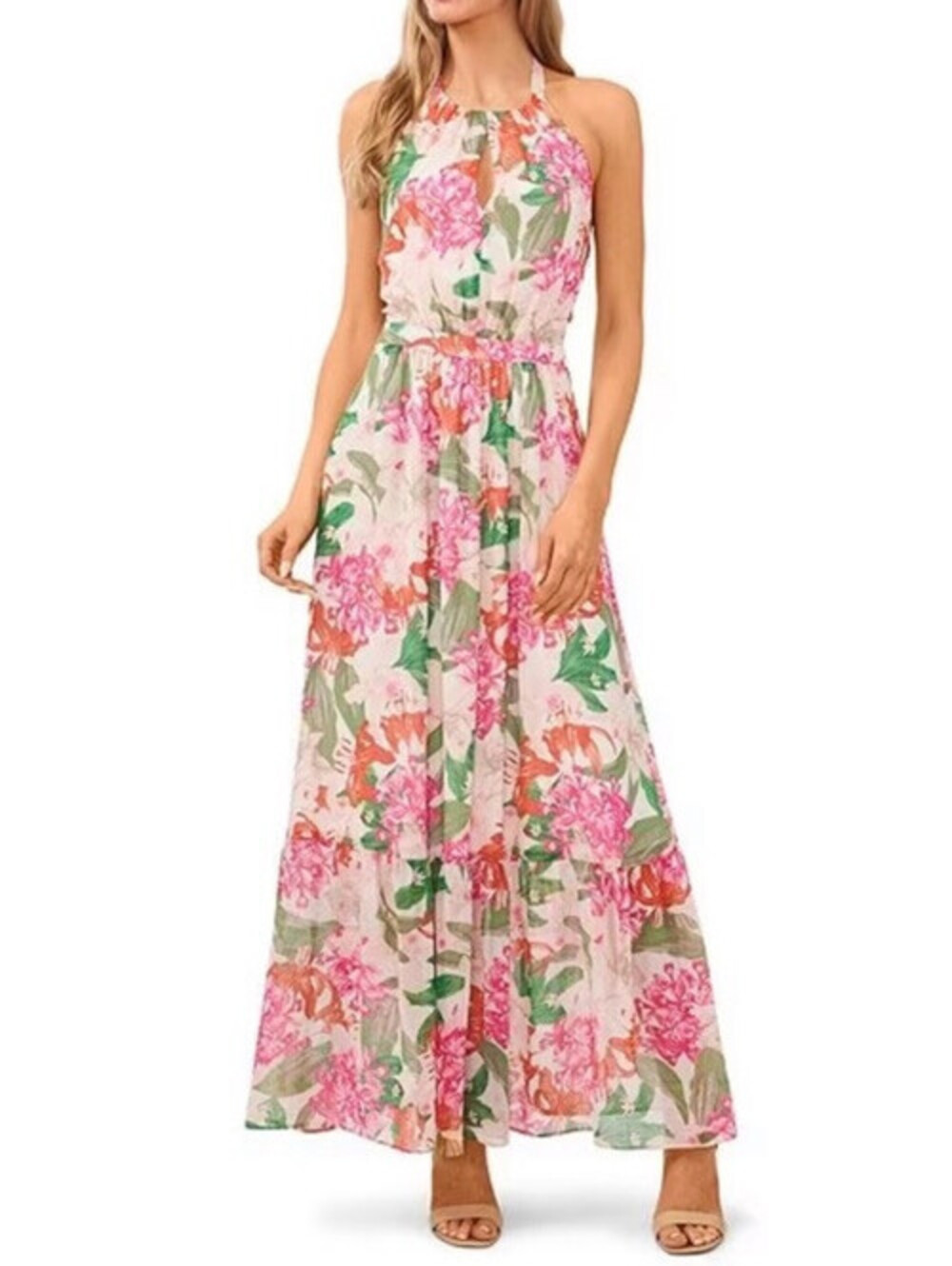 CeCe Women’s Size 8 Ivory Georgette Floral Print Halter Maxi Dress Gown
